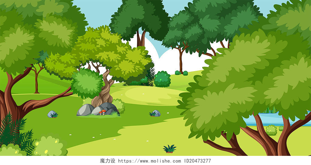 绿色小清新树丛树林石头草地森林展板背景